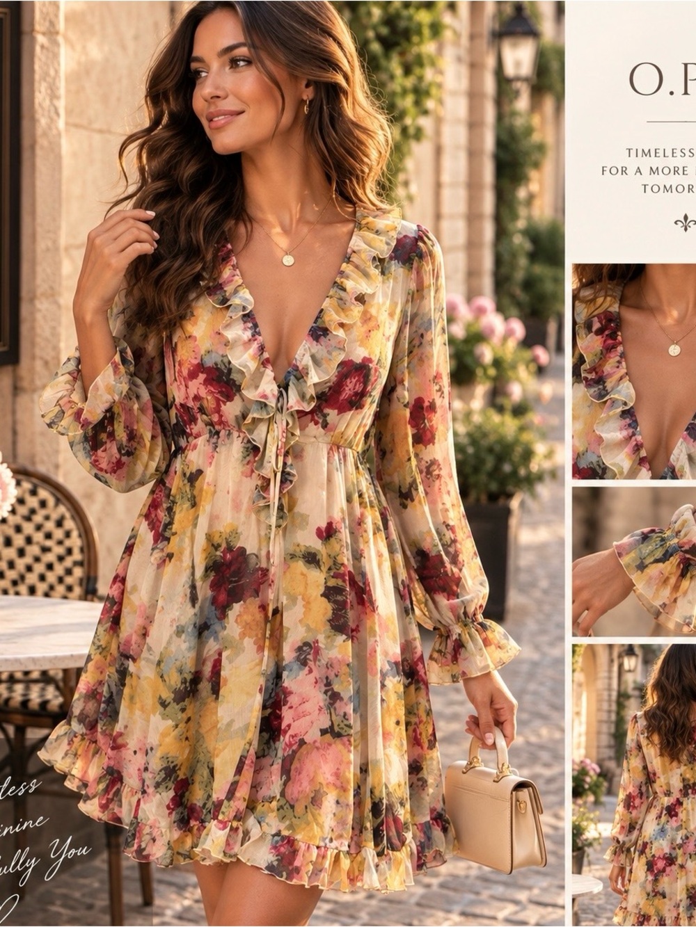 o.p.t Floral Ruffle Dress Long Sleeve V Neck Romantic Garden Party Midi